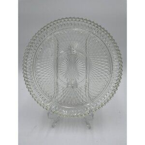 Vintage Clear Glass Divided Serving Tray With Intricate Diamond Cut Pattern & Sc